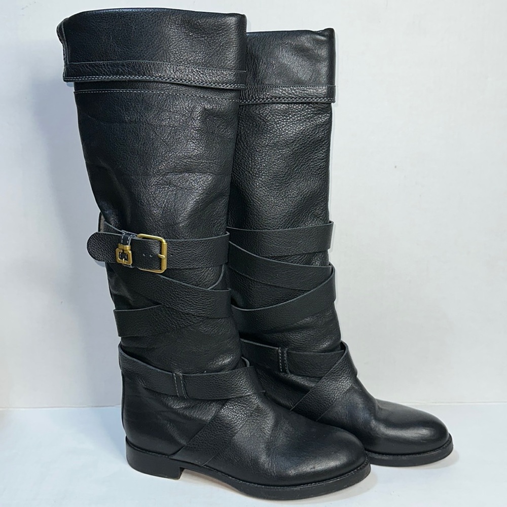 CHLOE Black Leather Round Toe Knee-High Buckle Detail Boots